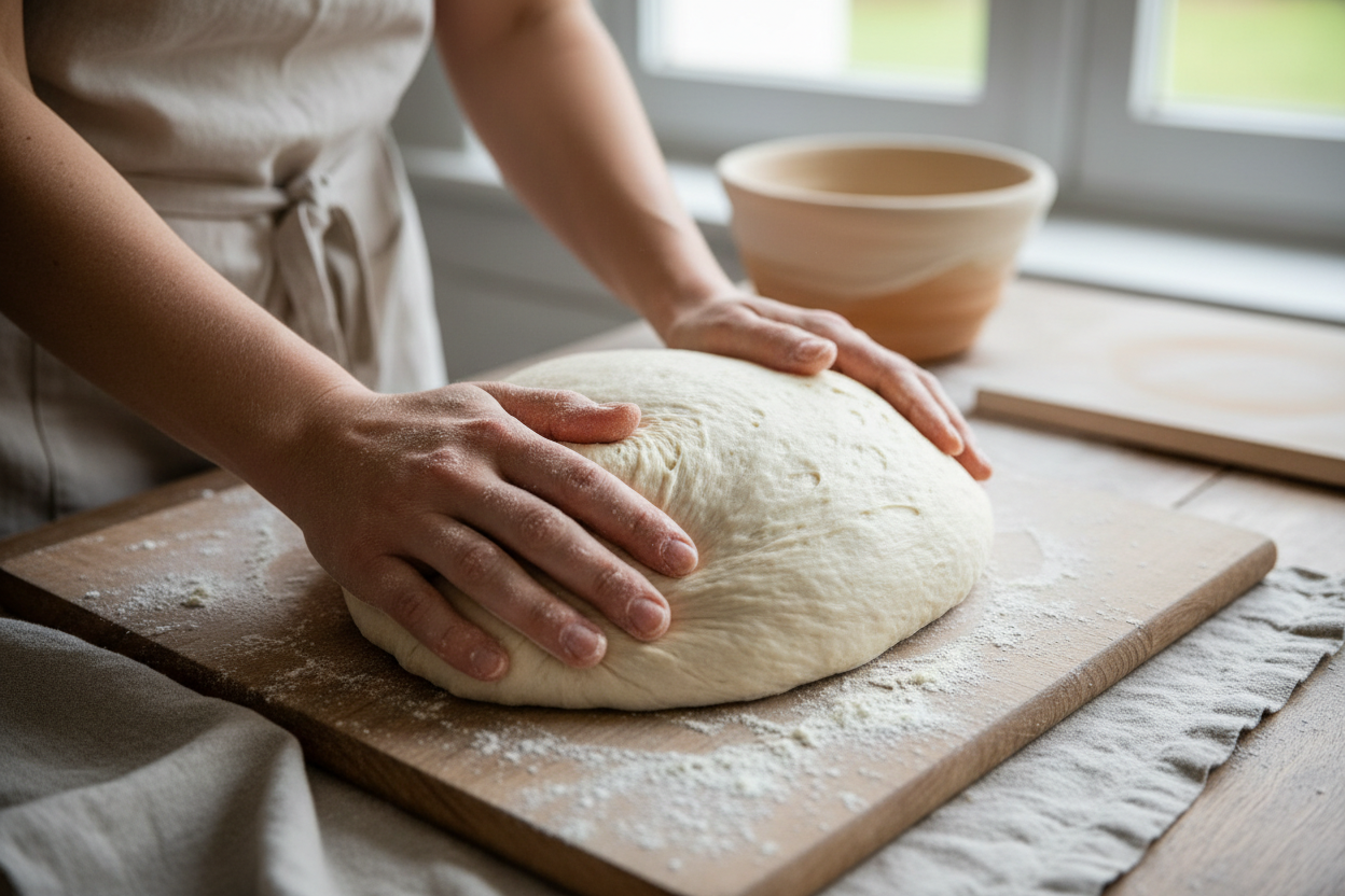 a woman's hands needing a loaf of sourdough bread as she prepares it for the oven