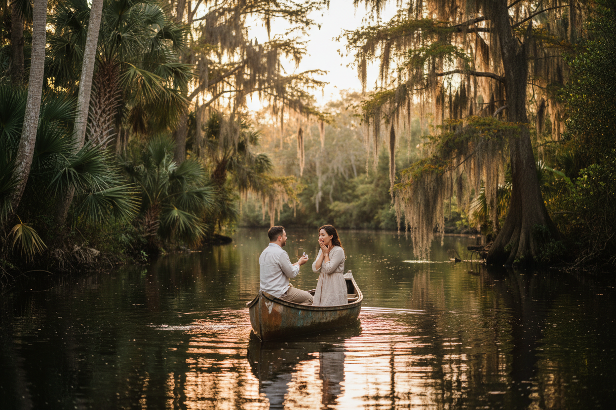 an image of a quiet marriage proposal with a couple on a little canoe in florida