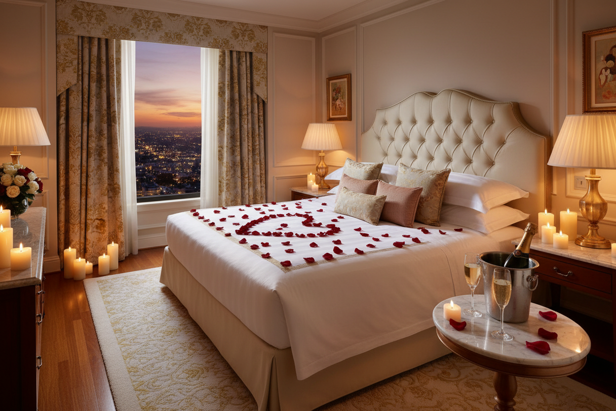an image showing a hotel room decorated for romance