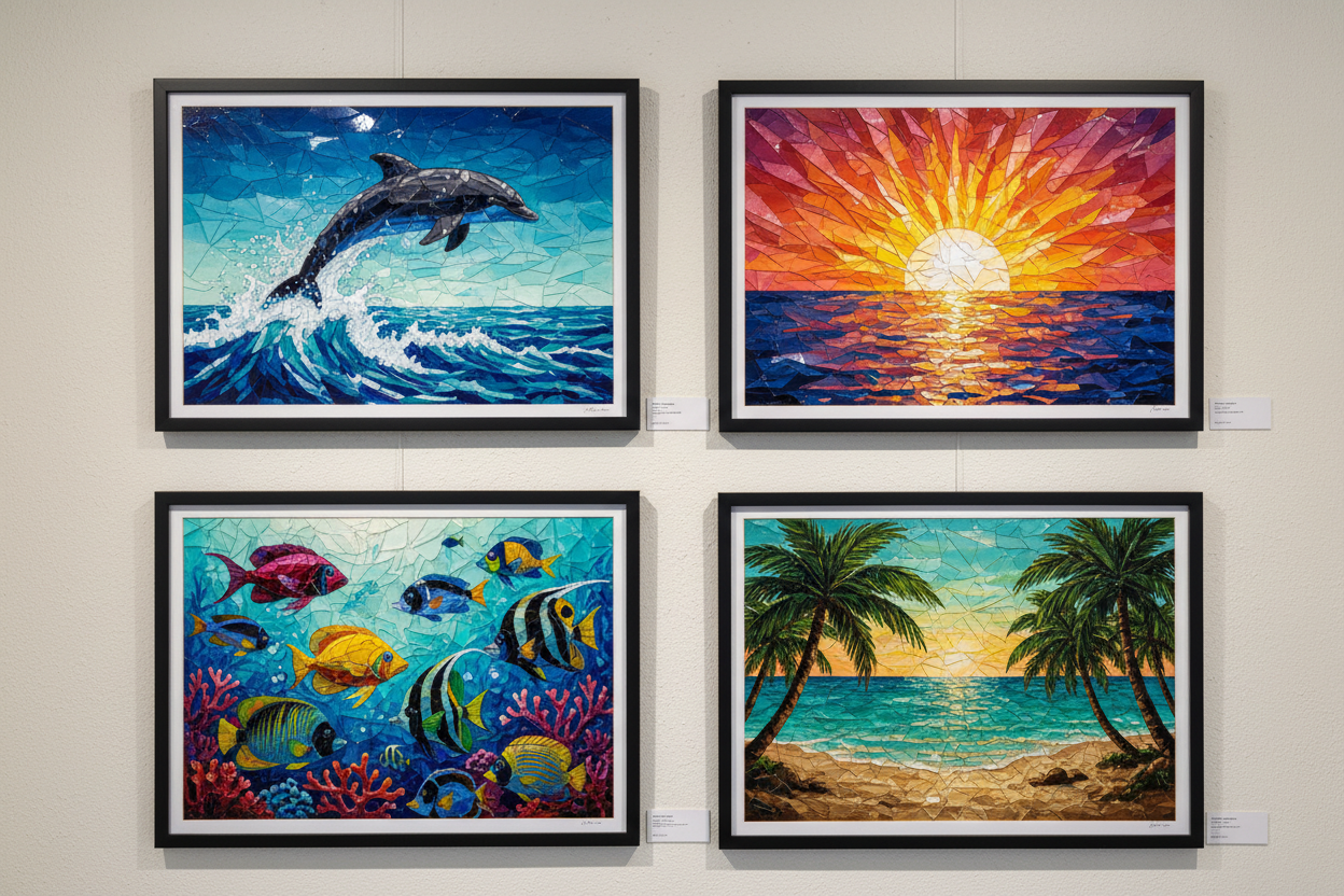 show multiple pictures made from shattered glass in one photo like a collage