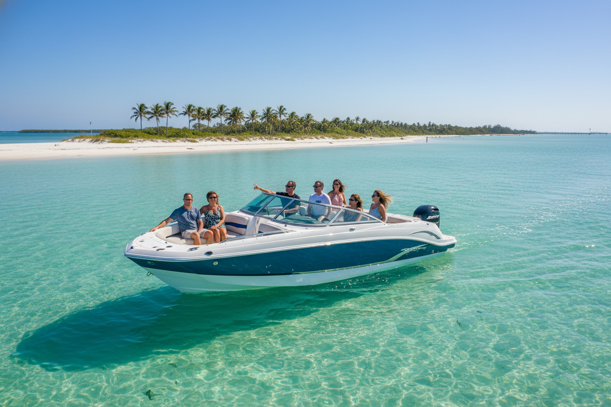 a boat (not a pontoon boat) with about 6 people on it cruising the waterways of venice florida visiting a barrier island