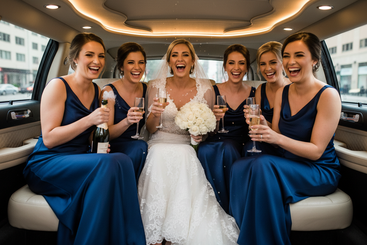 a bride and bridesmaids heading to a wedding in the back of a limo