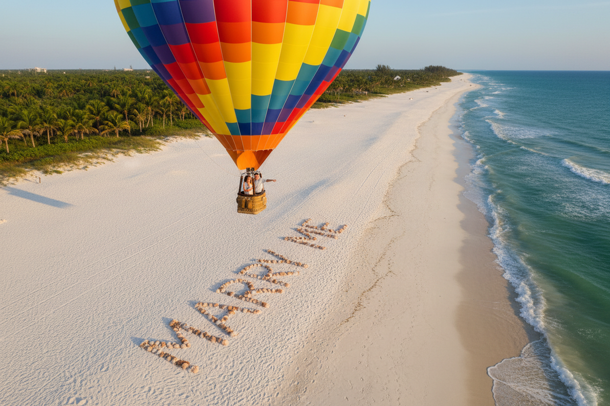 a couple in a hot air balloon floats over a spot he has laid out in seashells that says marry me on a florida beach