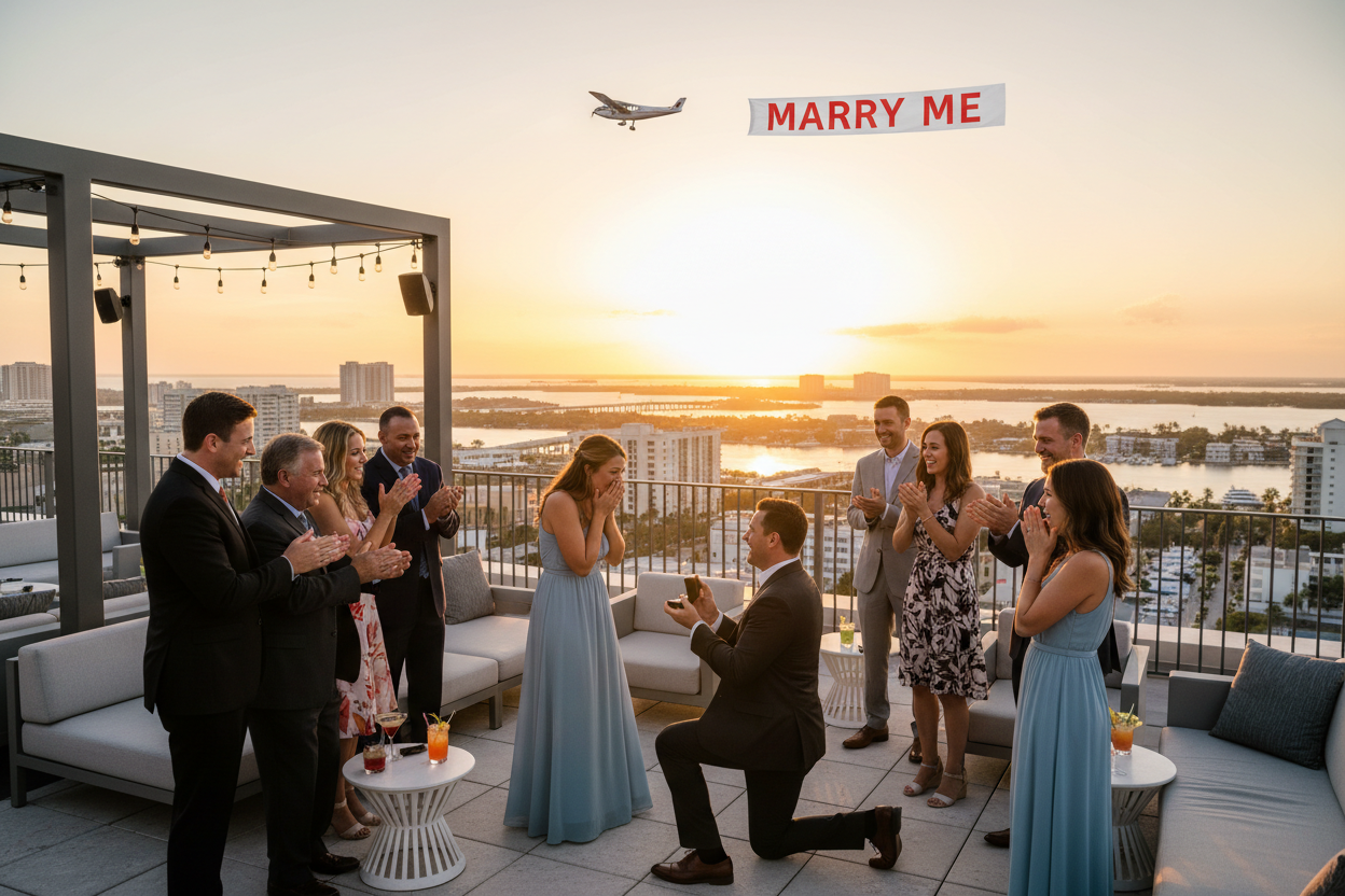 a couple on a sarasota hotel rooftop bar with family and friends around and he is one one knee proposing to her while a plane with a banner that says marry me goes by