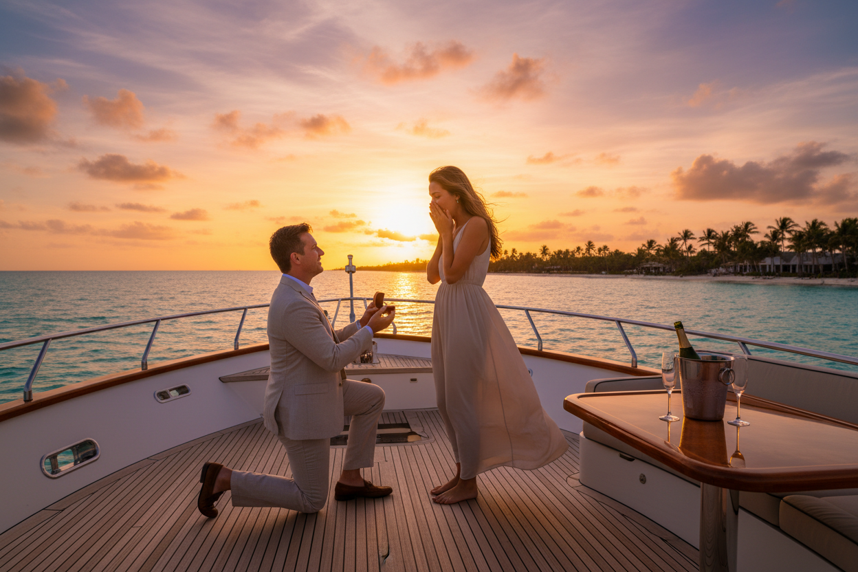 a couple on a sunset cruise in florida and he is proposing 