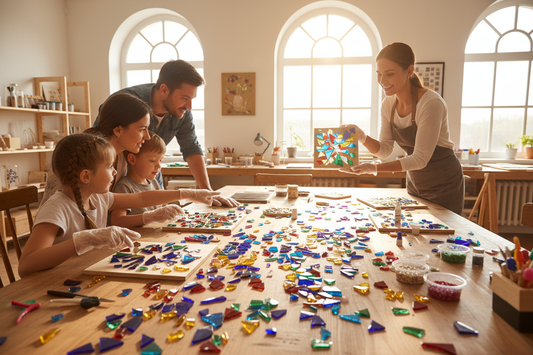a family at a shattered glass artwork class no glasses needed