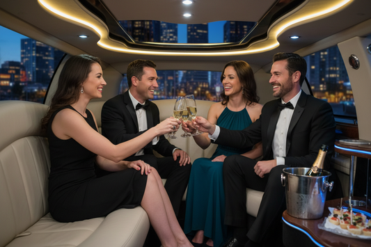 a group of good looking dressed up people in their 30s in the back of a limo with glasses of champagne heading out for a night on the town
