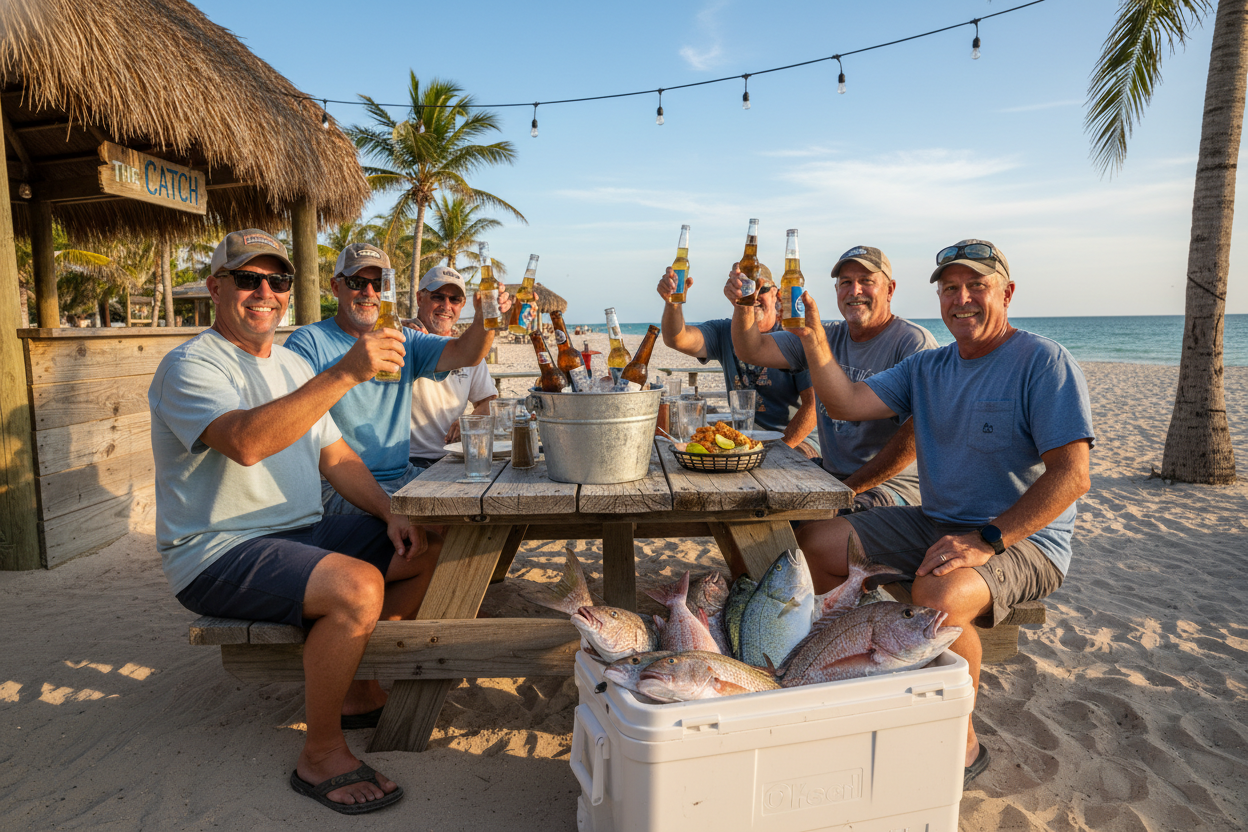 a group of guys taking their cooler full of fish they caught from their charter to a local restaurant to be cooked for them in florida. maybe show them sitting at a table with a bucket of beers on the table and their cooler next to them in a restaurant setting near the beach in florida