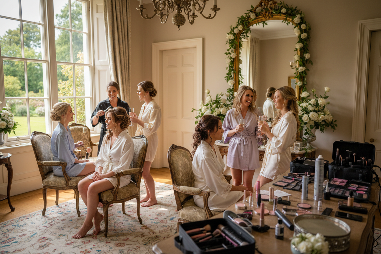 a group of ladies getting ready for a wedding having hair and makeup done