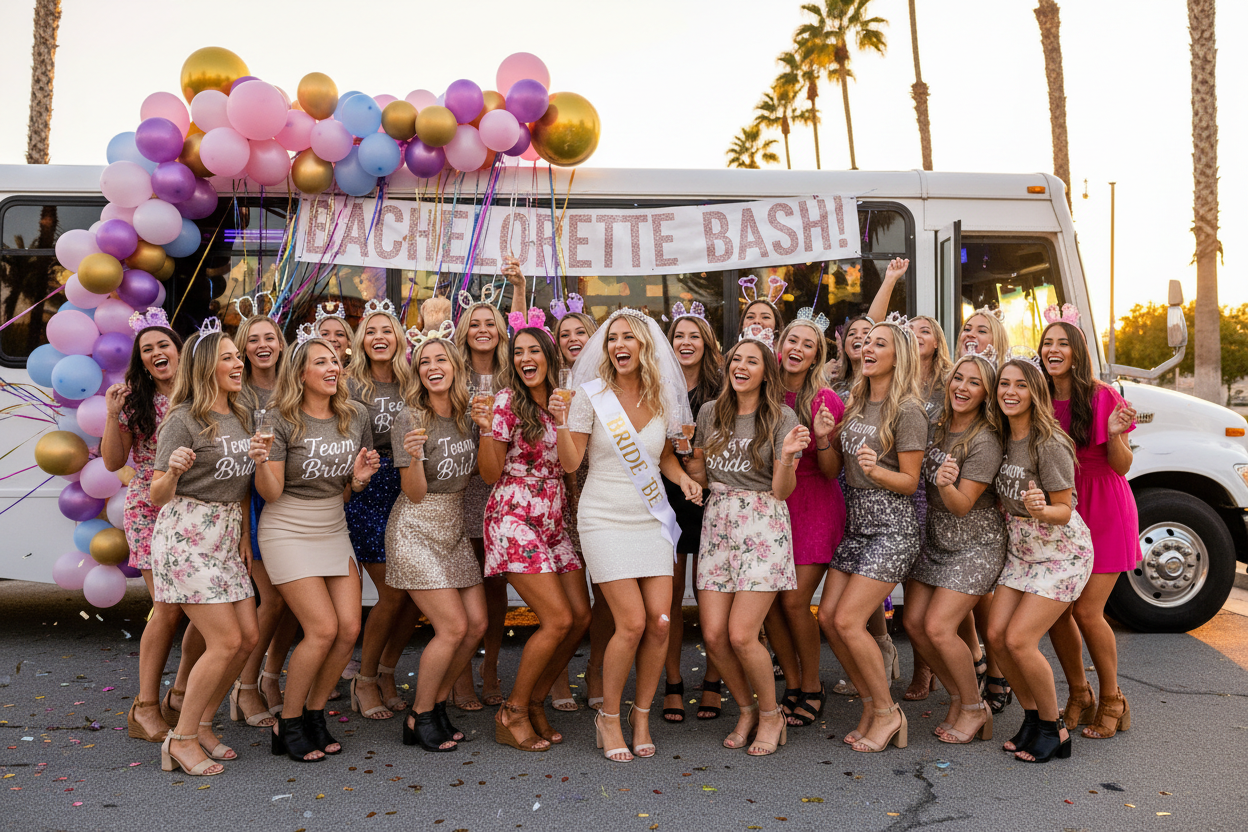 a large group of ladies heading out on a party bus for a bachelorette party