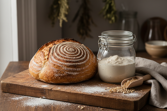 a loaf of fresh sourdough bread and the jar of bread making ingredients for the next loaf to be made laying on a bread cutting board. 