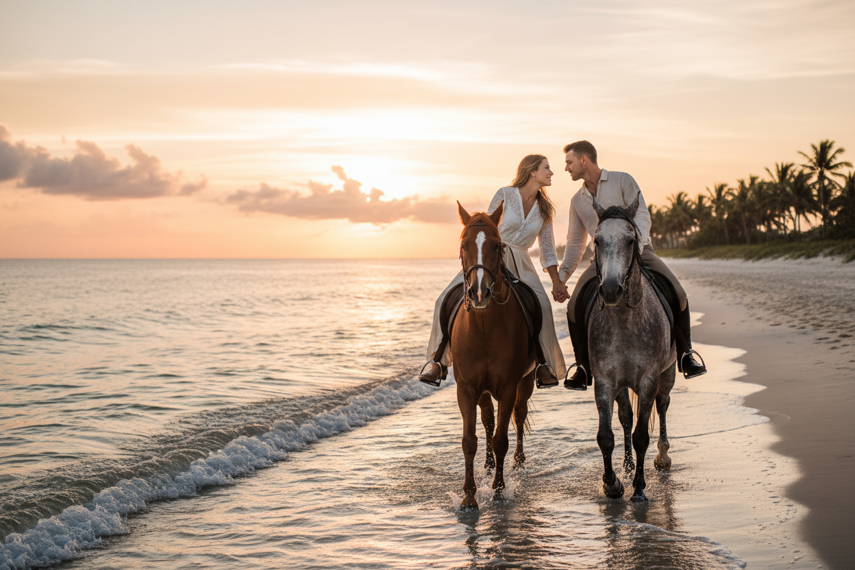 an image of a couple riding horses together on the beach looking lovingly into each others eyes