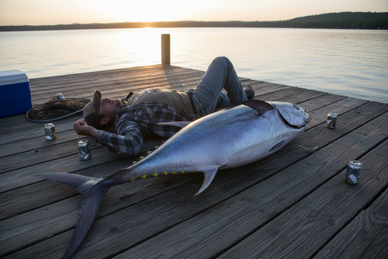 an image of a man laying on a pier after a fishing trip next to a large fish that is the same length as him with a few crushed beer cans around them