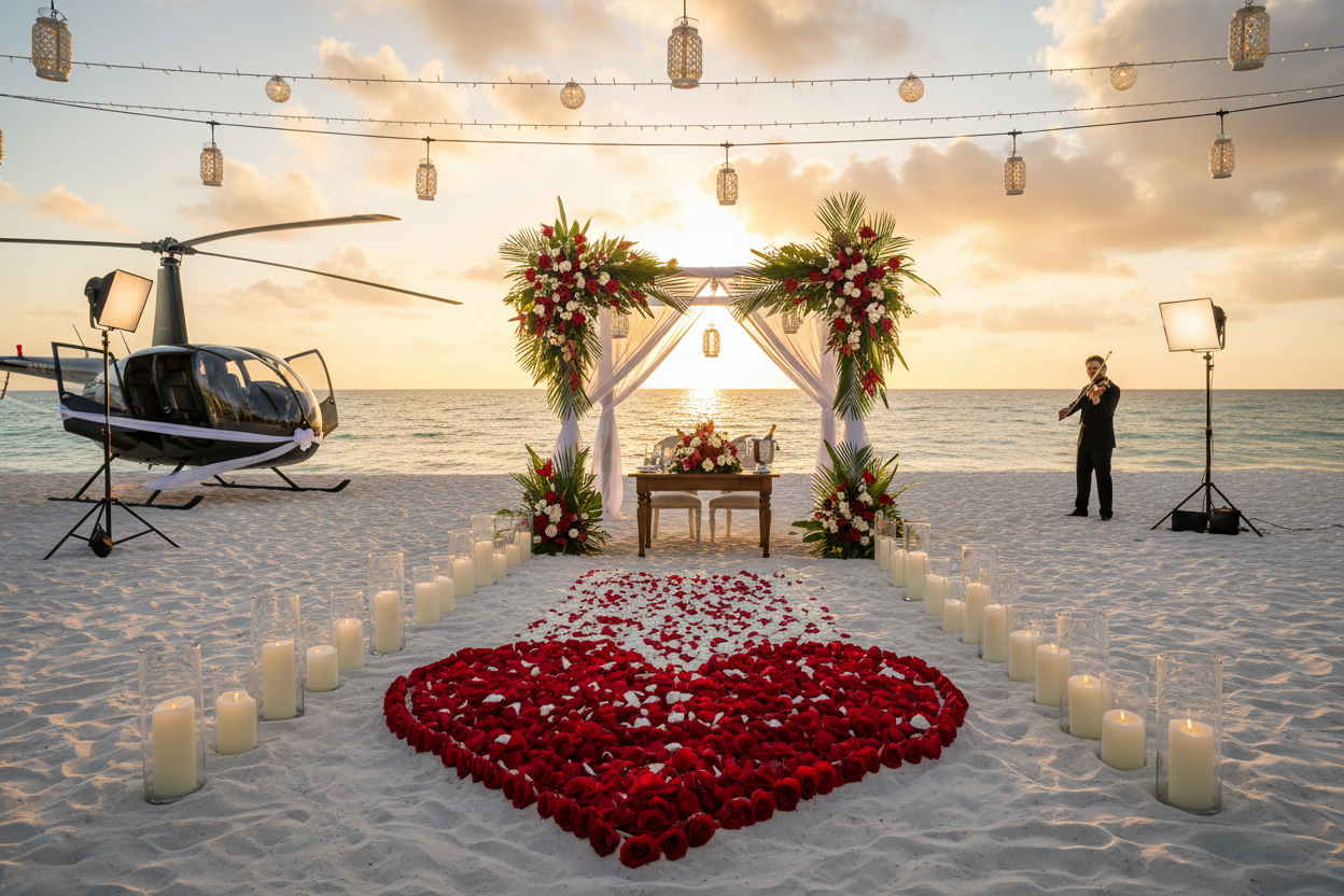 an image of a marriage proposal that would cost about $3000 near a florida beach or in a helicopter but must be grand for that amount