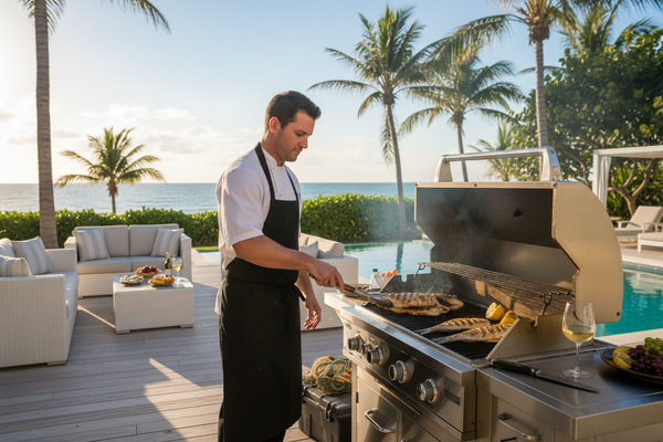an image of a private chef using a bar b q grill to cook the fish you  caught on your fishing charter at you vacation rental in florida