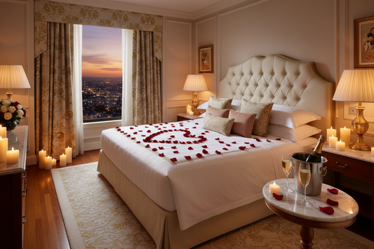 an image showing a hotel room decorated for romance