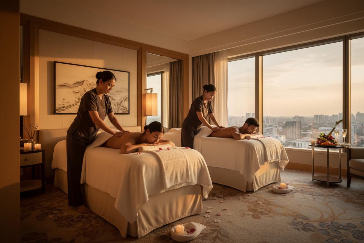 couples massages in a hotel room environent