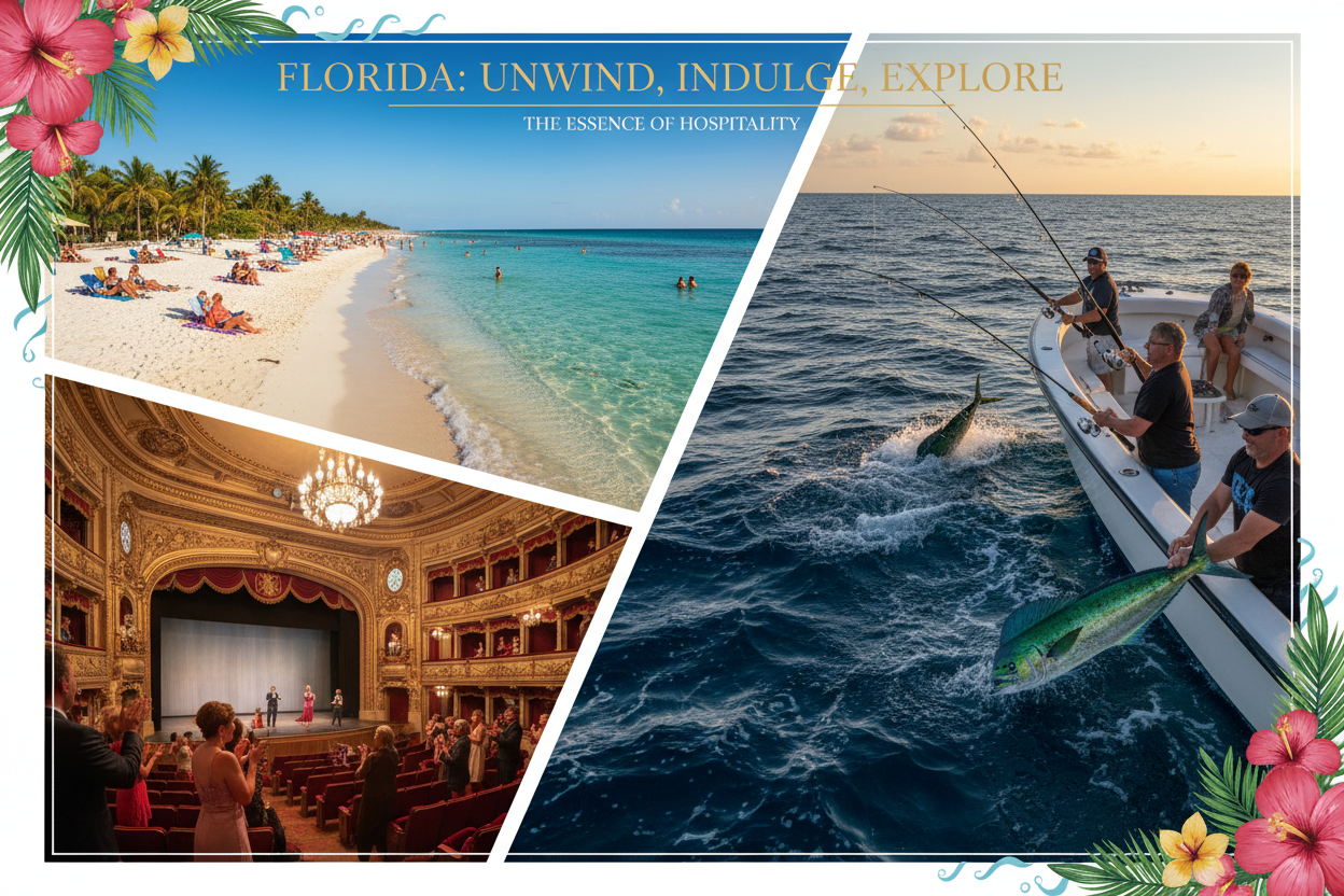 create an image showing people enjoying the beaches of Florida, arts and theatre and activity such as offshore fishing charter