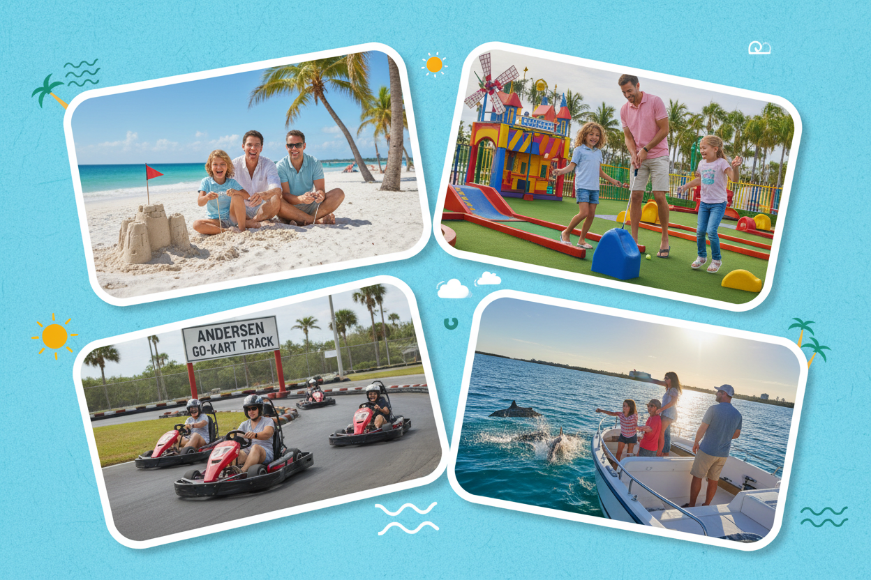 i need an image that will fit in the row image spot that shows families having fun on the beaches, playing mini golf, on go karts at the local andersen gokart track, and on a local Florida dolphin watching boat cruise