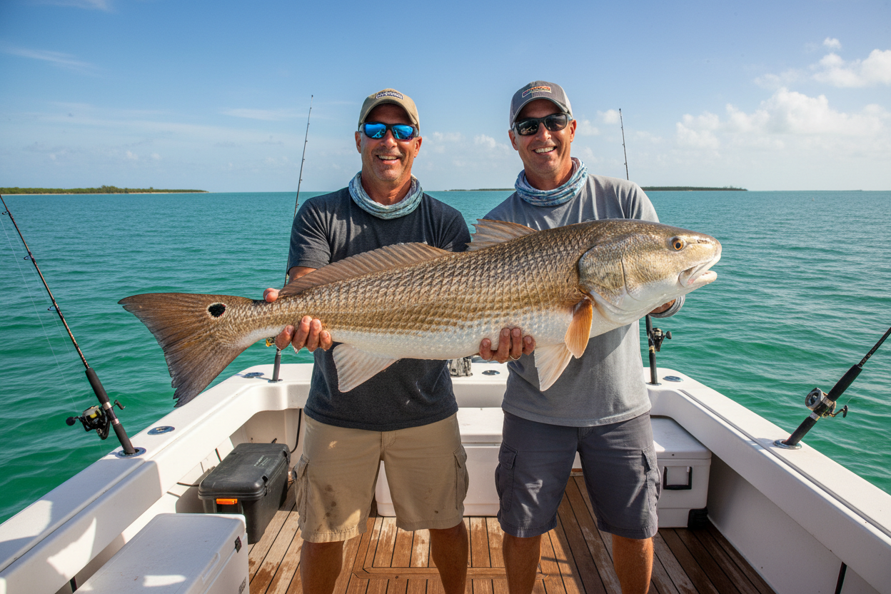 image of a fishing charter captain and a fisherman holding a large redfish displaying their prize catch on a fishing boat in the gulf of america in florida