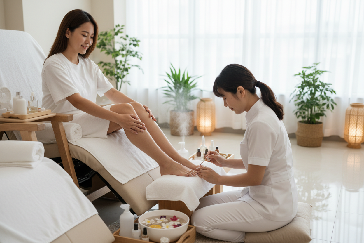 image of a person rubbing legs doing a manicure 