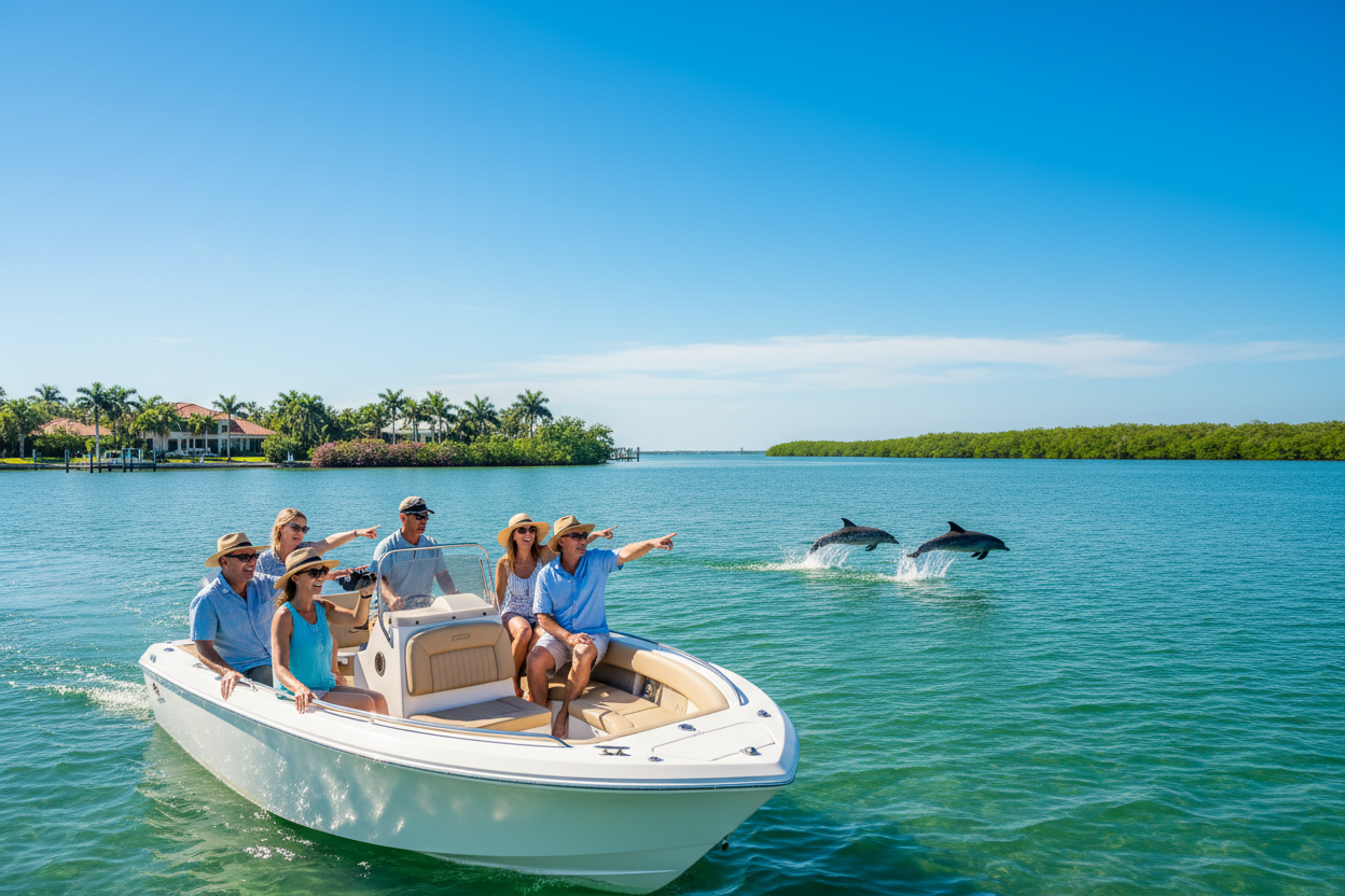 image of about 6 people on a boat (not a pontoon boat) sight seeing and dolphin watching in venice florida waterways