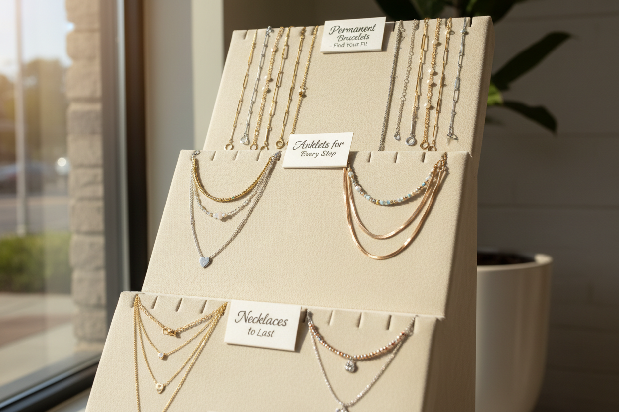 images of some permanent jewelry options to choose from laid out on a jewelry stand displayed for ladies to choose from 