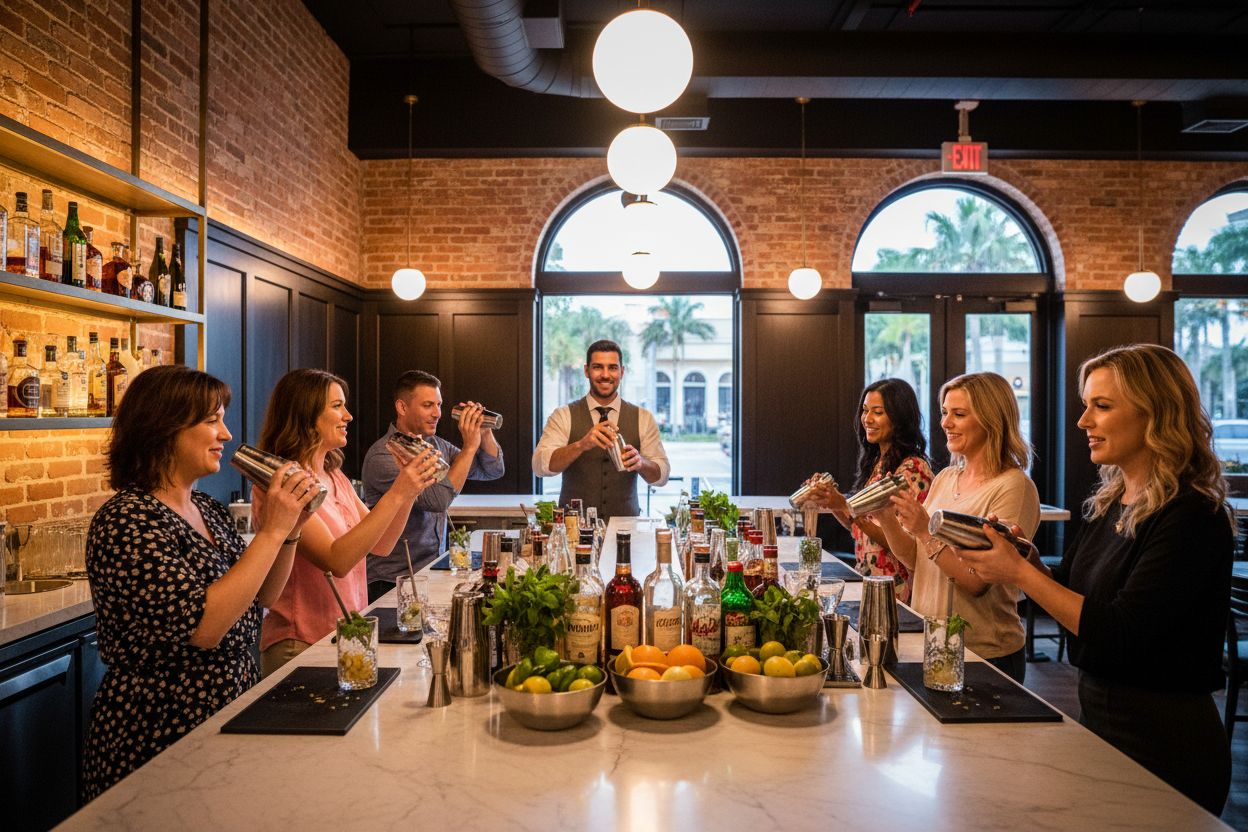 show a craft cocktail making class in a downtown sarasota restaurant environment