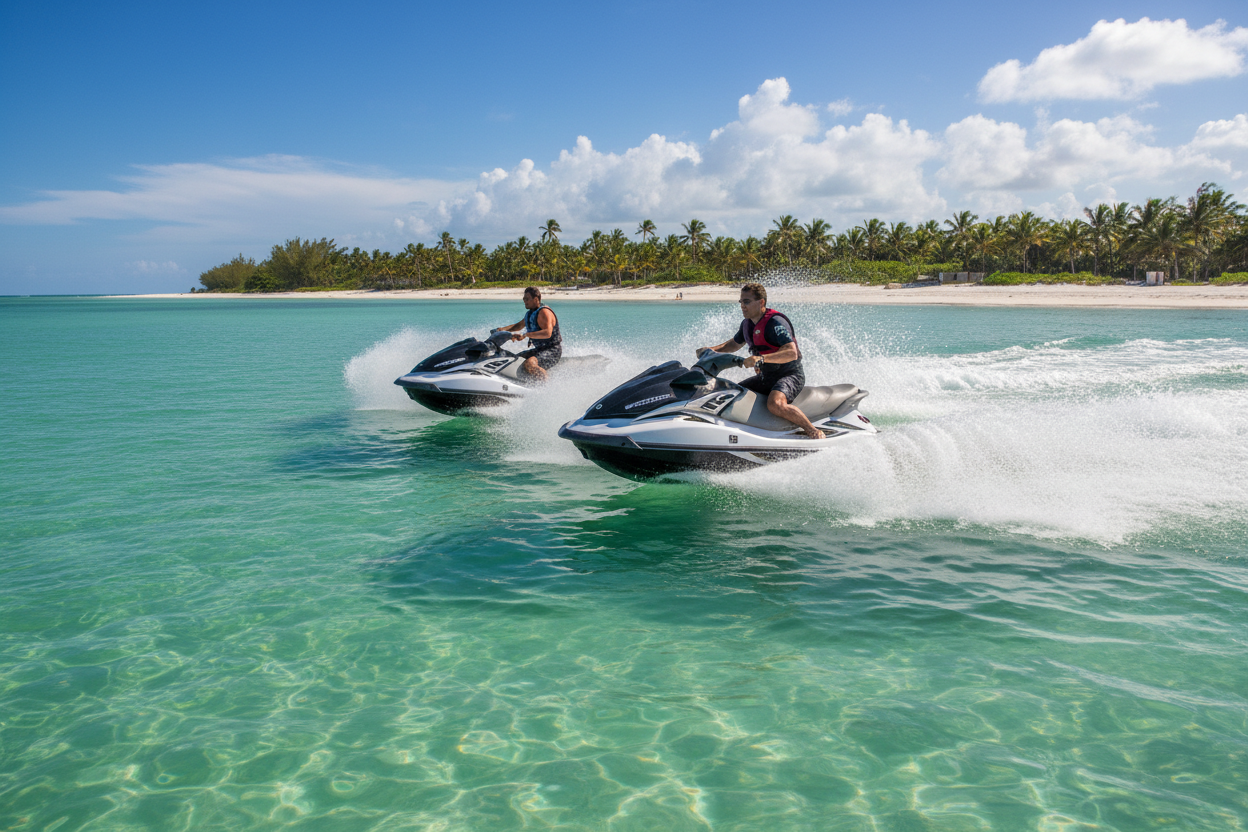 show two guys on jet skis racing through the florida gulf